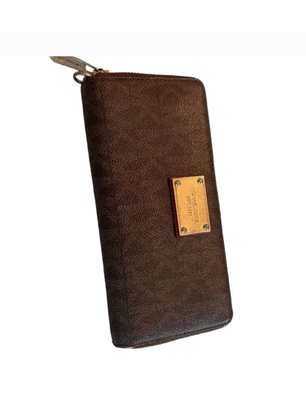 Michael Kors Brown & Gold Saffiano Leather Zip-Around Wallet With Red Interior &